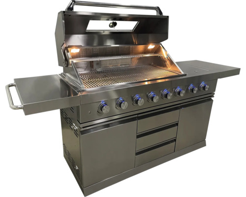 Roestvrijstalen buitenkeuken met meerdere branders, opbergruimte en werkbladen