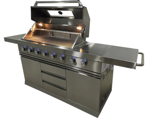 Grillstation met grillkap, grillrooster, bedieningsknoppen en onderkast