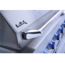 Detailweergave van een Buschbeck barbecueapparaat met handgreep en bedieningsknoppen