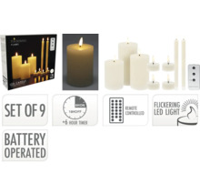 LED kaarsenset met negen delen, werkt op batterijen, met afstandsbediening en zes uren timer