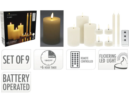 LED kaarsenset met negen delen, werkt op batterijen, met afstandsbediening en zes uren timer