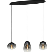 Hanglamp met drie grijze glazen lampenkappen en zichtbare gloeilampen
