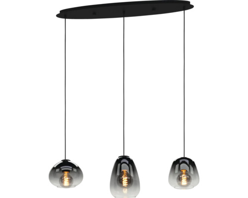 Hanglamp met drie grijze glazen lampenkappen en zichtbare gloeilampen