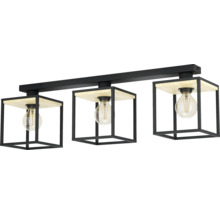 Plafonnière met drie lampen, hout en metaal