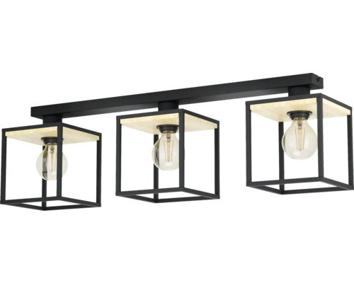 Plafonnière met drie lampen, hout en metaal