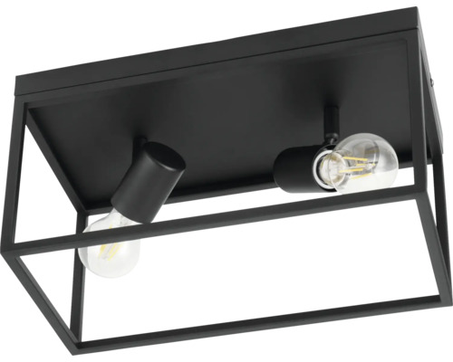 Zwarte plafondlamp met twee lampen in een geometrisch frame