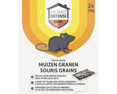 Home Defense muizenkorrels graan verpakking met muis illustratie