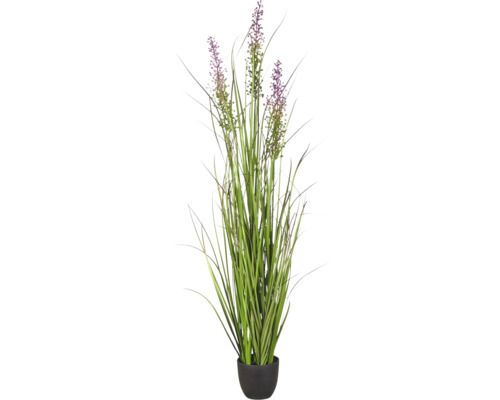 Kunstgrasplant met paarse bloempluimen in een zwarte pot.
