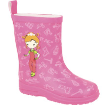 Roze regenlaarzen voor kinderen met witte tuinmotieven en kleurrijke afbeelding van een meisje.