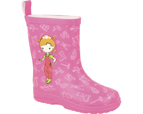 Roze regenlaarzen voor kinderen met witte tuinmotieven en kleurrijke afbeelding van een meisje.
