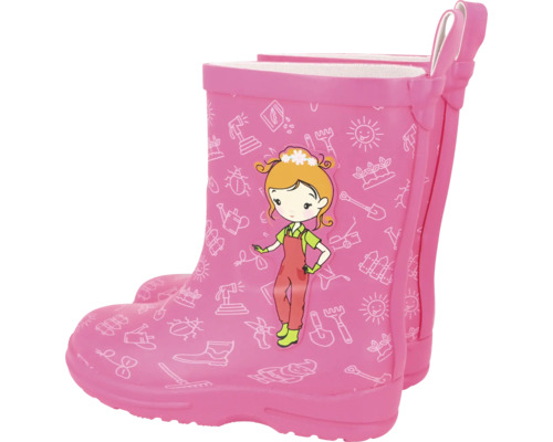 Roze regenlaarzen voor kinderen met tuinmotieven en een stripmeisje.