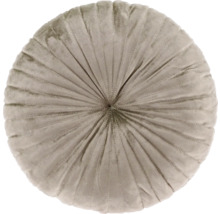 Rond sierkussen van taupekleurig fluweel met geplooid straalpatroon.