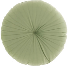 Rond sierkussen met plooien en centrale knoop in het groen.