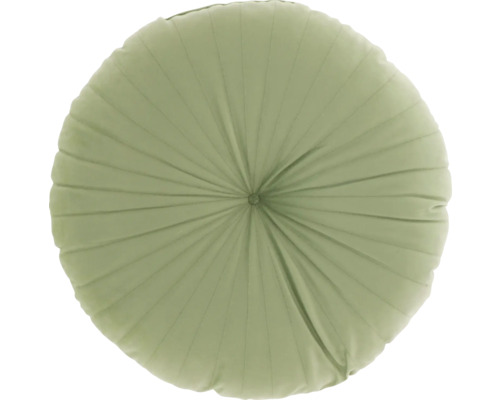 Rond sierkussen met plooien en centrale knoop in het groen.