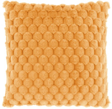 Vierkant sierkussen in geel met gestructureerd honingraatpatroon van zacht pluche.