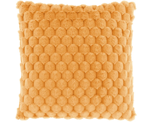 Vierkant sierkussen in geel met gestructureerd honingraatpatroon van zacht pluche.