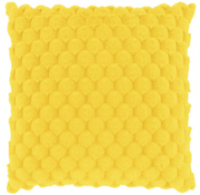 Geel vierkant sierkussen met honingraatstructuur van zachte stof.