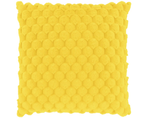 Geel vierkant sierkussen met honingraatstructuur van zachte stof.