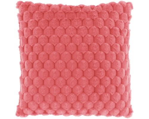 Vierkant sierkussen in roze met reliëf honingraatstructuur van zacht pluche.
