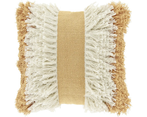 Vierkant sierkussen in beige en crème met een geweven middenbaan en gelaagde franjes aan de zijkanten.
