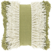 Vierkant sierkussen met franjes en een geweven middenbaan, groen en crèmewit.