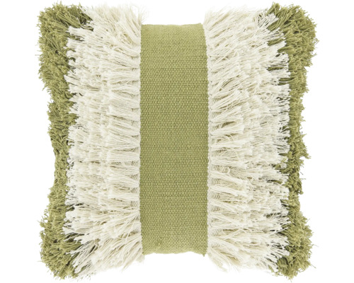 Vierkant sierkussen met franjes en een geweven middenbaan, groen en crèmewit.