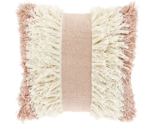Vierkant sierkussen met verticale strepen van geweven structuurstof en franjes in roze en crème.