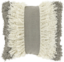 Vierkant sierkussen met grijze en crèmekleurige franjes en geweven middenbaan.