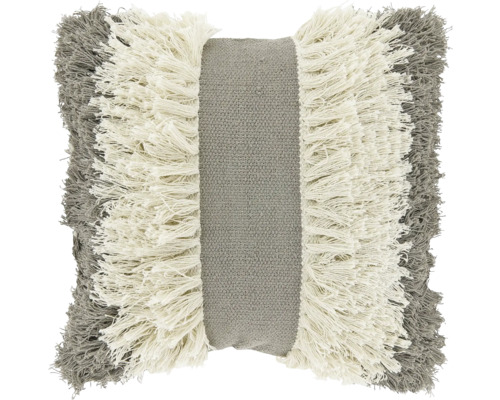 Vierkant sierkussen met grijze en crèmekleurige franjes en geweven middenbaan.