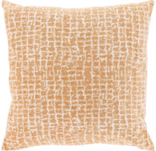 Vierkant sierkussen met een geweven rasterpatroon in perzik en wit.