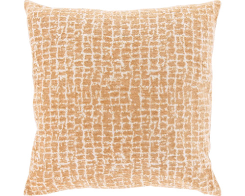 Vierkant sierkussen met een geweven rasterpatroon in perzik en wit.