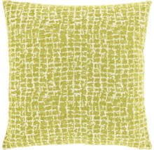 Vierkant, groen sierkussen met een gestructureerd, geweven oppervlak.