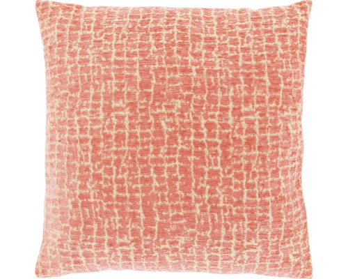 Vierkant sierkussen in koraal met gestructureerde oppervlakte-optiek en fijn geweven patroon.