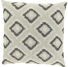 Vierkant sierkussen met geweven geometrisch ruitpatroon in grijs en beige.