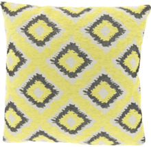 Vierkant sierkussen met geweven ruitpatroon in geel en grijs.