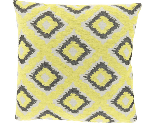 Vierkant sierkussen met geweven ruitpatroon in geel en grijs.
