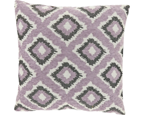 Vierkant sierkussen met ruitpatroon in paars, grijs en wit.