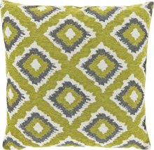 Vierkant sierkussen met groen-wit geometrisch ruitpatroon en gestructureerd oppervlak.