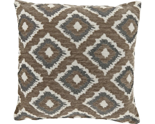 Vierkant sierkussen met geweven geometrisch ruitpatroon in bruin en beige.