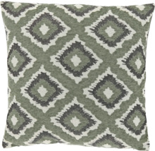 Vierkant kussen met een geweven geometrisch ruitpatroon met gekartelde randen.