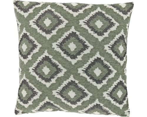 Vierkant kussen met een geweven geometrisch ruitpatroon met gekartelde randen.