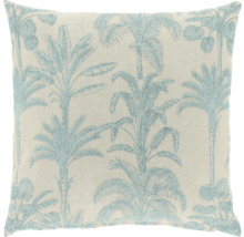 Vierkant sierkussen met geweven turquoise palmenpatroon.