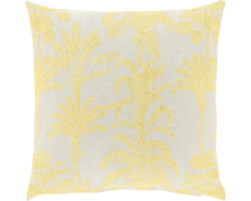 Vierkant sierkussen met geel palmboompatroon.