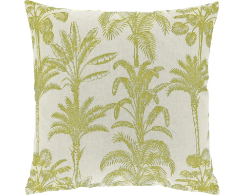 Vierkant sierkussen met groen palmboompatroon van stof.