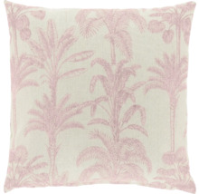 Vierkant sierkussen met tropisch palmenpatroon in roze op een lichte achtergrond.