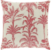 Vierkant sierkussen met rood palmboommotief op licht, gestructureerd textiel.