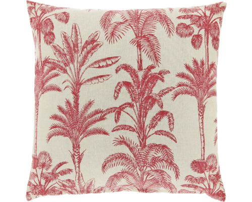 Vierkant sierkussen met rood palmboommotief op licht, gestructureerd textiel.