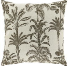 Vierkant sierkussen met een patroon van palmbomen en tropische bladeren in donker lijnontwerp op lichte stof.