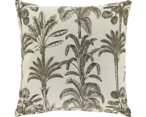Vierkant sierkussen met een patroon van palmbomen en tropische bladeren in donker lijnontwerp op lichte stof.