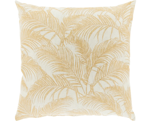 Vierkant sierkussen met palmbladmotief en geweven structuur.